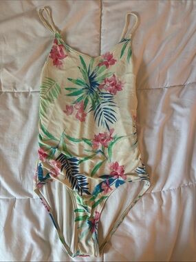 Girls Floral Tropical One-Piece Swimsuit in Cream with Pink & Green Print